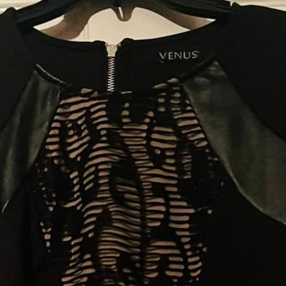 WOMENS size M~ BLACK LACE FAUX LEATHER INSERTS~ 3/4 SLEEVE~ BODYCON  .. - Picture 3 of 9